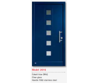 UNILUX Model 2016 Cobalt Blue JuniorLine Door, Clear Glass, Stainless Handle, Classic Custom Timber Entry